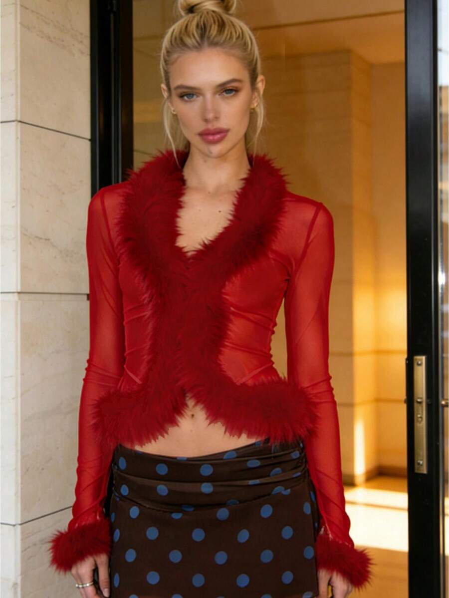 Womens Tops Long Sleeve Deep V Neck Fashion Solid Color Plush Trim Decor Slim Fit Shirts - 紅色 - 查看 1