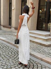 Unadoll Women's Summer Low Cut, Long Tie Neck, Backless, Zipper, Polka Dot Fabric Sexy And Elegant Dress, Suitable For Dates, Vacations, Parties, Dinners, Valentine's Day, Birthdays And Other Occasions - White - View 2