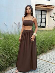 Unadoll 女士夏季性感背心和弹力百褶裙套装，适合约会、度假、情人节和旅行穿着 - 棕色 - 查看 1