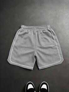 男士休闲街头风透气网眼面料撞色图案夏季运动短裤 - 灰色 - 查看 6