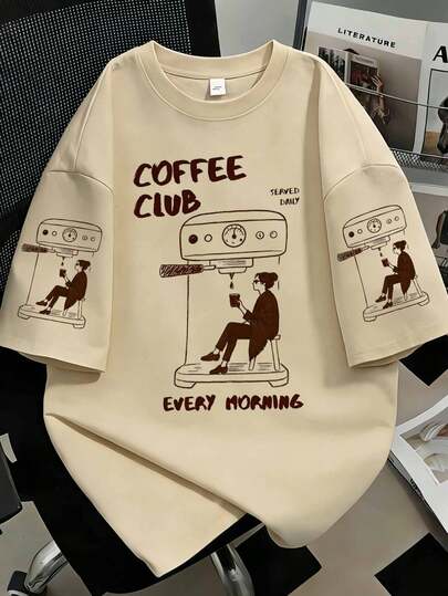咖啡俱乐部图案T恤，女士休闲圆领短袖T恤，适合春夏穿着
