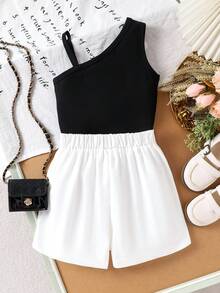 2件套女童优雅黑色吊带背心+白色半裙套装，夏季 - 黑色 - 查看 2