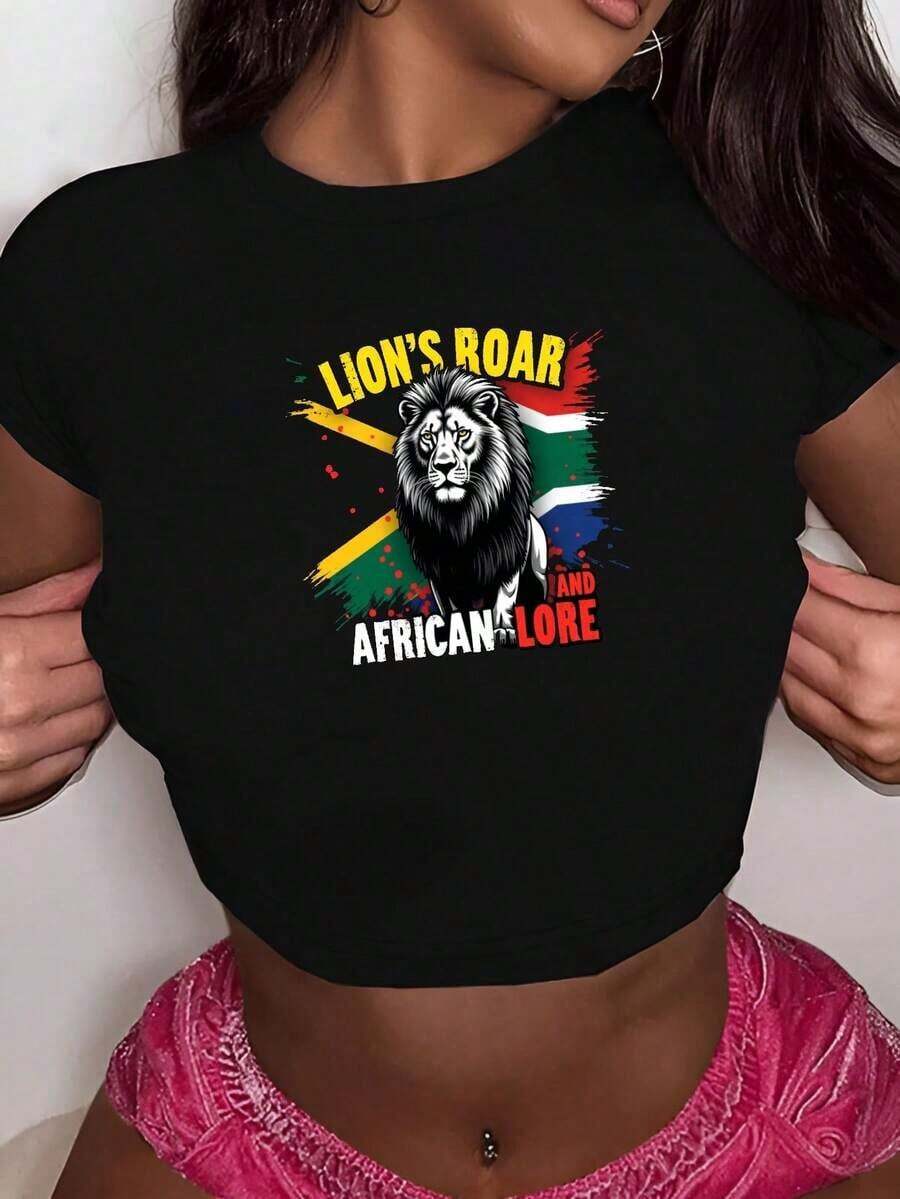 Lion South African Flag Lore Fashionable Women's Short Sleeve T-Shirts - Black - View 1