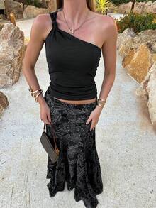 Vintage Cashew Flower Print Mesh Sheer Low Waist Draped Asymmetrical Hem Skirt Black Summer - Black - View 9