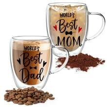 Set de 2 Tazas de Café de Vidrio Grabadas "Mom y Dad" - Doble Pared Aislante, Resistente y Apilable, Térmica y Duradera, para Café, Capuchino, Té - transparente - Ver 6