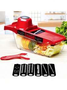 六合一蔬菜切片器和切丁器，带钢刀片，可切片、削皮、削胡萝卜、刨丝、切丁，厨房配件 - 紅色 - 查看 4