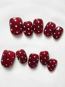 Bộ 10 miếng dán móng tay ngắn tròn kiểu cổ điển, nền màu đỏ tía với chấm bi trắng và điểm nhấn kim tuyến mịn, bộ dụng cụ làm móng thời trang và dễ thương, phù hợp cho các dịp lễ, tiệc tùng và sử dụng hàng ngày, dành cho phụ nữ và bé gái, bao gồm keo dán gel và dũa móng mini, móng giả dán có thể tái sử dụng. - Đỏ - Xem 2