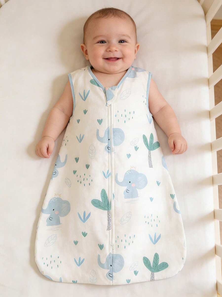 1件装新生儿睡袋棉纱布襁褓包巾，春季新生儿防踢毯卡通大象印花无袖背心婴儿包巾，婴儿用品 - 藍色 - 查看 1