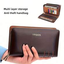 Dual Layer Zipper Clutch Bag, Large Capacity, Multi-Compartment, Fashion Design With Card & Cash Slots, Suitable For Business Travel And Gift - Brown - View 1