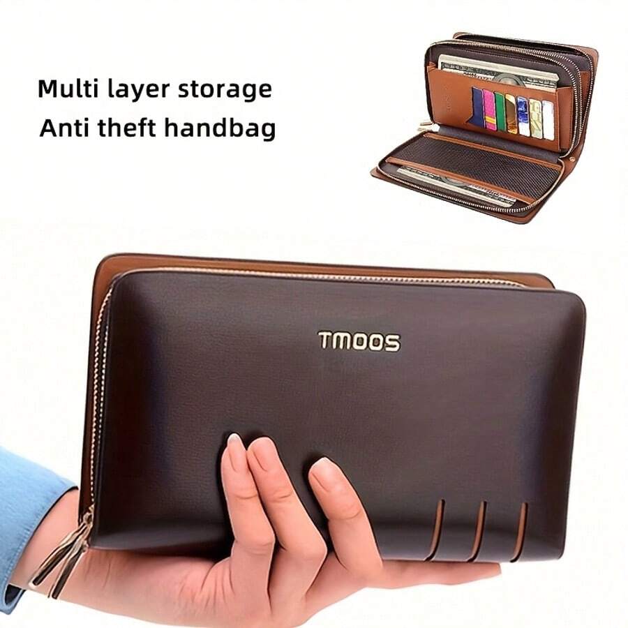 Dual Layer Zipper Clutch Bag, Large Capacity, Multi-Compartment, Fashion Design With Card & Cash Slots, Suitable For Business Travel And Gift - Brown - View 1