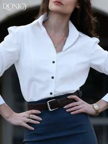 DONICY 女士修身长袖衬衫，纹理面料，翻领配黑色纽扣和开衩袖口，适合办公室和正式场合。 - 白色 - 查看 5