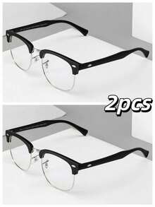 2pcs Semi-Rimless Men's Travel Mixed Metal Edge Glasses, Computer Gaming Metal Travel Frame, Retro College Style, Adjustable Nose Pads, 4 Rivet Decor, Black & Gold Transparent Frame, Neutral, Suitable For Live Streaming & Travel - Black Frame/gold Ring/white Lens+Black Frame/silver Ring/white Lens - View 4