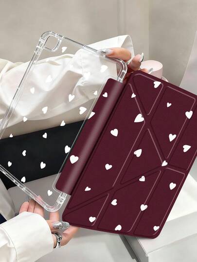 深酒红色心形平板电脑保护套，兼容 iPad Air 11 英寸 M3 2025 / M2 2024、iPad Air 第五代 2022、iPad (A16) 11 英寸第十一代 2025，兼容三星 Galaxy Tab、Kindle Paperwhite 第十二代 2024，透明背壳，时尚图案保护套，具备自动休眠和唤醒功能，气囊保护，适合作为礼物和办公用品。