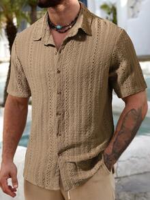 男士短袖衬衫，商务休闲，夏季新款，纯棕色镂空 - 棕色 - 查看 1