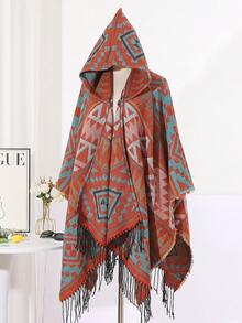 1件几何图案条纹流苏连帽斗篷披肩 - 彩色 - 查看 14