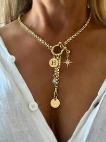 1 PC Collier pendentif lettre A-Z doré, chaîne pendentif étoile octogonale, collier multi-pendentif, chaîne en acier inoxydable, pour le travail, l'usage quotidien, les fêtes, - Or jaune - Voir 18