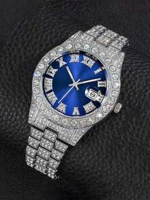 3pcs Luxury Crystal Inlaid Men's Silver Watch Set, Including 1 Crystal Blue Roman Numeral Quartz Watch, 1 Silver Chain Bracelet, 1 Black Rhombus Textured PU Wallet, With Silver Metal Strap And Sparkling Crystal Bezel. - Silver - View 4