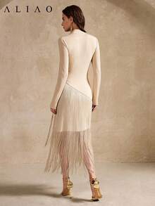 Aliao优雅流苏高领长袖吊带裙，适合秋季、假日、节日、海滩、派对、秋冬季、白色主题派对、复古风、宫廷风、宴会、情人节、毕业舞会等场合。 - 香檳色 - 查看 6