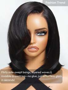 Wig Bye Bye Knots 7x5 Lace Closure Side Part Layered Bob Glueless Wig With Side Swept Bangs With Invisible Drawstring Natural Hairline Pre Cut Pre Pluck Pre Bleached Tangle-Free Transparent Lace 100% Human Hair Beginner Friendly Wear Go Unice Hair - SNatural - View 7