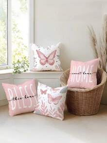4 件套浅粉色蝴蝶叶子印花枕套，适用于客厅和卧室，涤纶材质，可机洗 - 粉色 - 查看 5