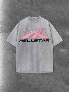 Worn-Out Washed Men's Short-Sleeved Shirt, Featuring A Pink Meteor Flame Human Face Silhouette Pattern In Letters On A Double-Sided Print, Retro Casual Loose Men's T-Shirt, Comfortable And Versatile Men's Clothing - Xám - Xem 2