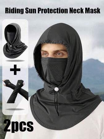 2pcs Multifunctional Sun Protection Face Mask Hat And Large Size Breathable Thin UV Protection Arm Sleeves, Summer Sun Hat And Men's Ice Silk Sun Protection Arm Sleeves, Outdoor Sports Cycling Fishing Sun Protection Arm Sleeves, Men's Cycling Sun Protection Face Mask Hooded Scarf 2-In-1, All-Around Sun Protection Hat, Loose Gloves Arm Sleeves, Black Arm Sleeves For Halloween Costume