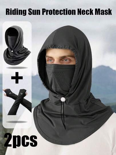 2pcs/Set Multi Functional Sunscreen Face Mask Hat And Large Breathable Thin UV Resistant Arm Sleeves, Summer Sun Hat And Men's Ice Silk Sun Protection Sleeve Sleeves, Outdoor Sports Cycling, Driving, Fishing Sun Protection Arm Sleeves, Men's Cycling Sunscreen Face Mask, Hooded Scarf 2-In-1, All-Round Sun Protection All Inclusive Hat, Loose Glove Sleeve, Clothing Halloween Costume Black Arm Sleeves