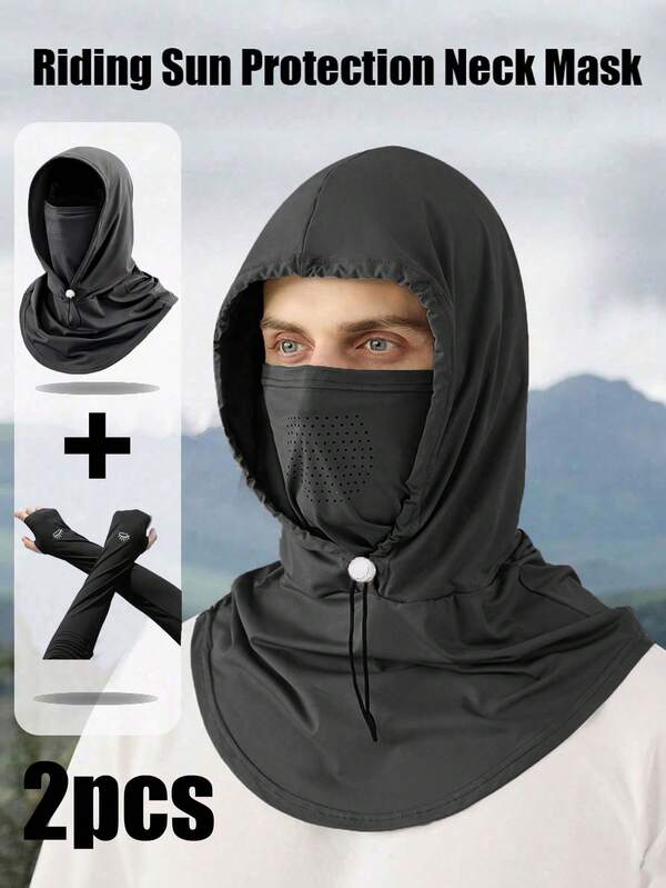 2pcs/Set Multi Functional Sunscreen Face Mask Hat And Large Breathable Thin UV Resistant Arm Sleeves, Summer Sun Hat And Men's Ice Silk Sun Protection Sleeve Sleeves, Outdoor Sports Cycling, Driving, Fishing Sun Protection Arm Sleeves, Men's Cycling Sunscreen Face Mask, Hooded Scarf 2-In-1, All-Round Sun Protection All Inclusive Hat, Loose Glove Sleeve, Clothing Halloween Costume Black Arm Sleeves