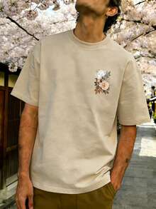 男士东方绘画花卉印花休闲圆领短袖上衣 - 杏色 - 查看 5