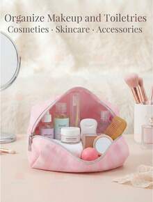 Cute Pink & White Stripe Makeup Bag With Compartments,Nylon Travel Essentials Cosmetic Bag Organizer Toiletry Bag For Women Girls, Simple Pink Portable Storage Bag With Four Different Sizes To Choose From, Suitable For Home Storage, Cosmetics Storage, Cute Appearance, Suitable As A Gift - 八角包(粉紅色) - 查看 6