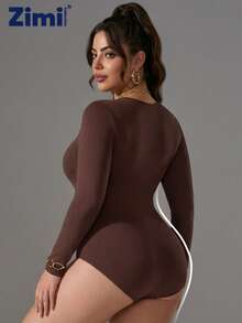 Zimi Collection 1 件装加大码无缝运动塑身连体衣，女款 1XL-5XL，棕色长袖提臀收腹运动连体衣，适合健身房训练、瑜伽、跑步等健身活动。 - 棕色 - 查看 9