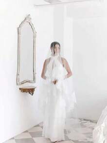 2026 Elegant Minimalist Long Lace Embroidered Bridal Veil, Cathedral Wedding Headpiece - A - View 2