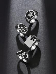 4件套 时尚朋克风螺旋星形戒指，男女皆宜，适合青少年和成人日常休闲佩戴 - 銀色 - 查看 6