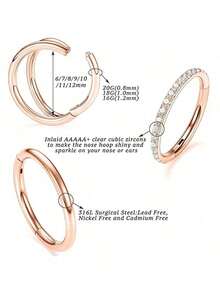 3件装鼻环 - 316L不锈钢双环鼻环 16G/18G/20G 铰链式锆石耳廓穿孔饰品 鼻中隔环 唇环 耳骨耳环 耳廓环 耳屏环 耳骨钉 7mm/8mm/10mm - 玫瑰金(鍍) - 查看 4