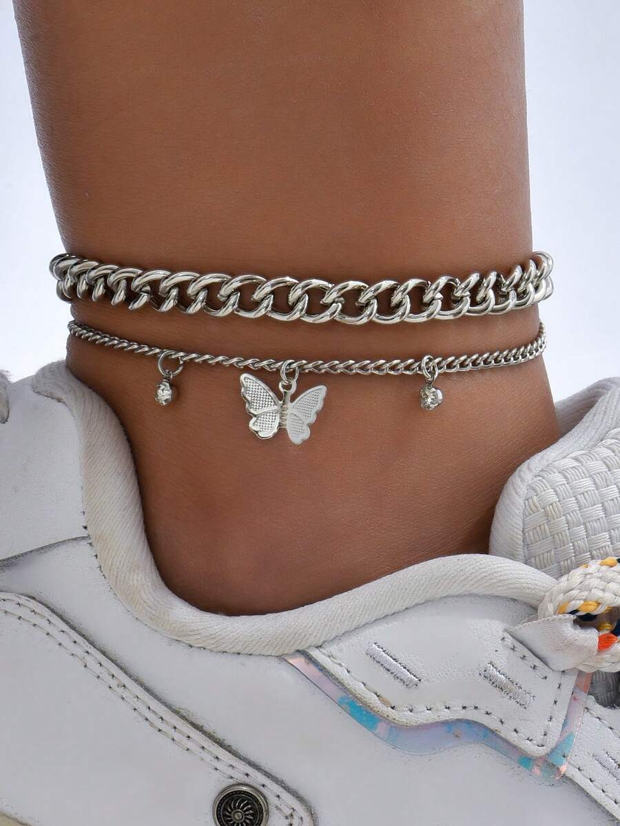 2pcs Fashionable & Versatile Minimalist Butterfly Pendant Anklets - Silver - View 1