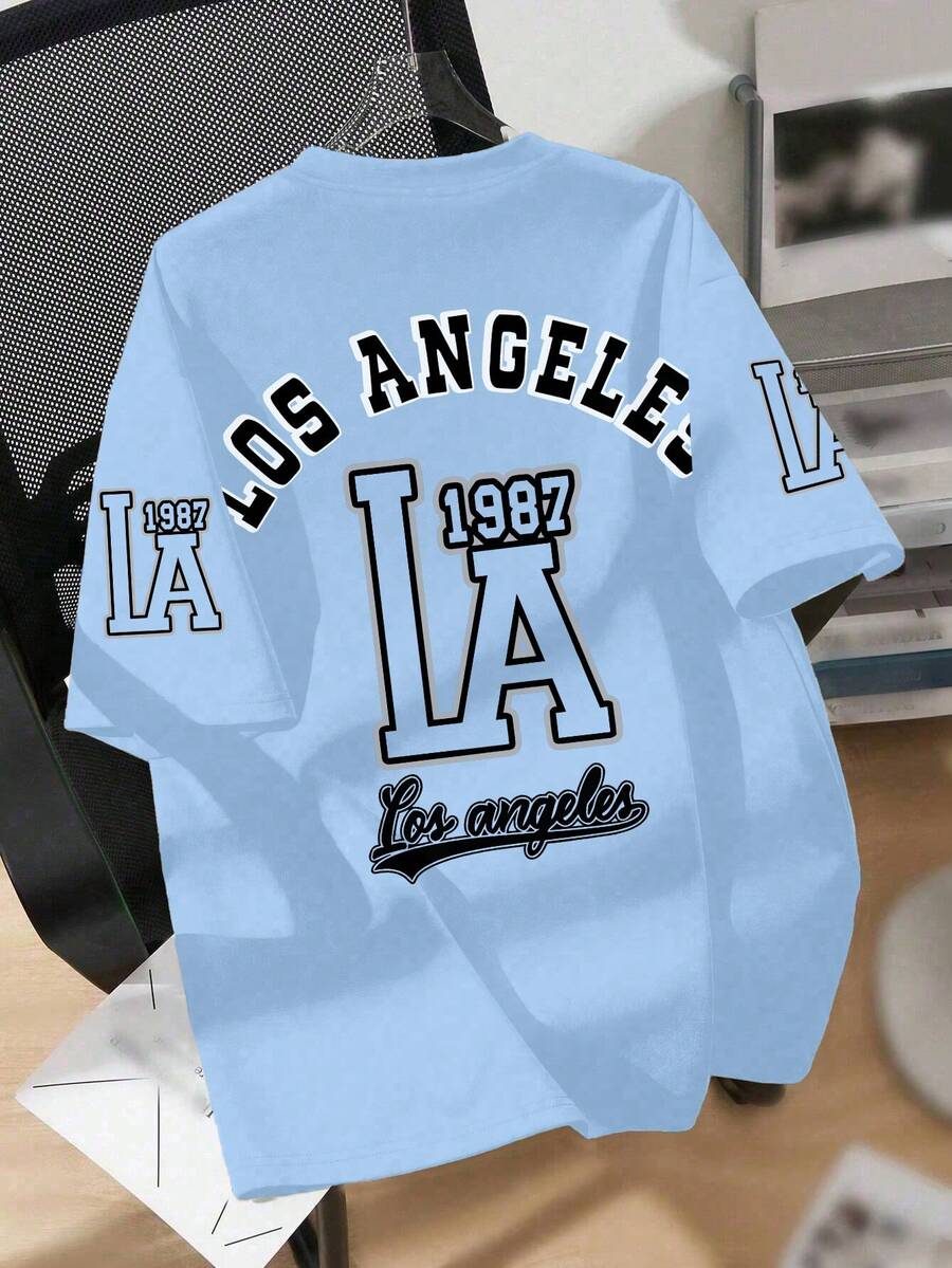 Teenage Boys' Retro LA Academy Design Short Sleeve Loose Comfortable Breathable T-Shirt, Casual Campus Summer Wear, Boys Tops - Baby Blue - View 1