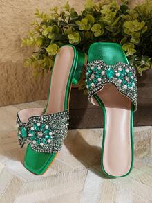 Fashionable New Women Faux Pearl & Rhinestone Decor Strap Open Toe Casual Low Heel Sandals, Versatile For Summer - Cadet Blue - View 5