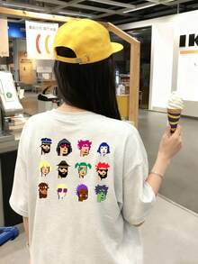 1pc Women's Casual Loose T-Shirt, Pixel Portrait Graphic Design, College Street Style, Versatile Round Neck Top, Summer 2026 - Light Gray - View 1