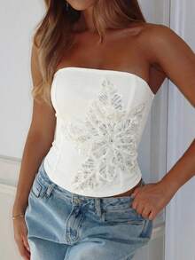 夏季新款白色抹胸露脐上衣，性感亮片花卉刺绣抹胸设计，露背系带修身露脐上衣 - 白色 - 查看 3