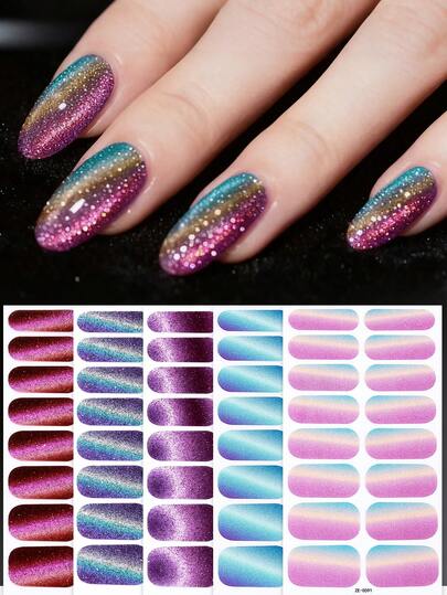 80pcs Cat Eye Nail Stickers, Metallic Glitter Ombre Full Nail Wraps, Women's Party DIY Manicure Nail Art Decals Set