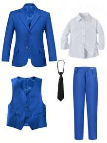 3-10 Years Old Boys 5-Piece Suit Set, Toddler Formal Tuxedo Outfit Including Jacket, Vest, Pants, Shirt, Tie, Suitable For Birthday Party, Wedding, Christening, Anniversary - Royal Blue - Xanh đậm - Xem 2