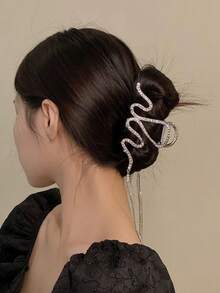 1件装女士时尚波浪流苏链条发夹，镶嵌闪亮钻石，蛇形编织发夹，鲨鱼形发钩头饰发饰 - 彩色 - 查看 2