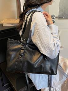 1 Peça Bolsa Tote de Couro PU Retrô de Cor Sólida Feminina, de Grande Capacidade, Estilo Minimalista Europeu e Americano da Moda, Adequada para Ir e Vir, Escritório, Compras, Presente - Preto - Visão 4