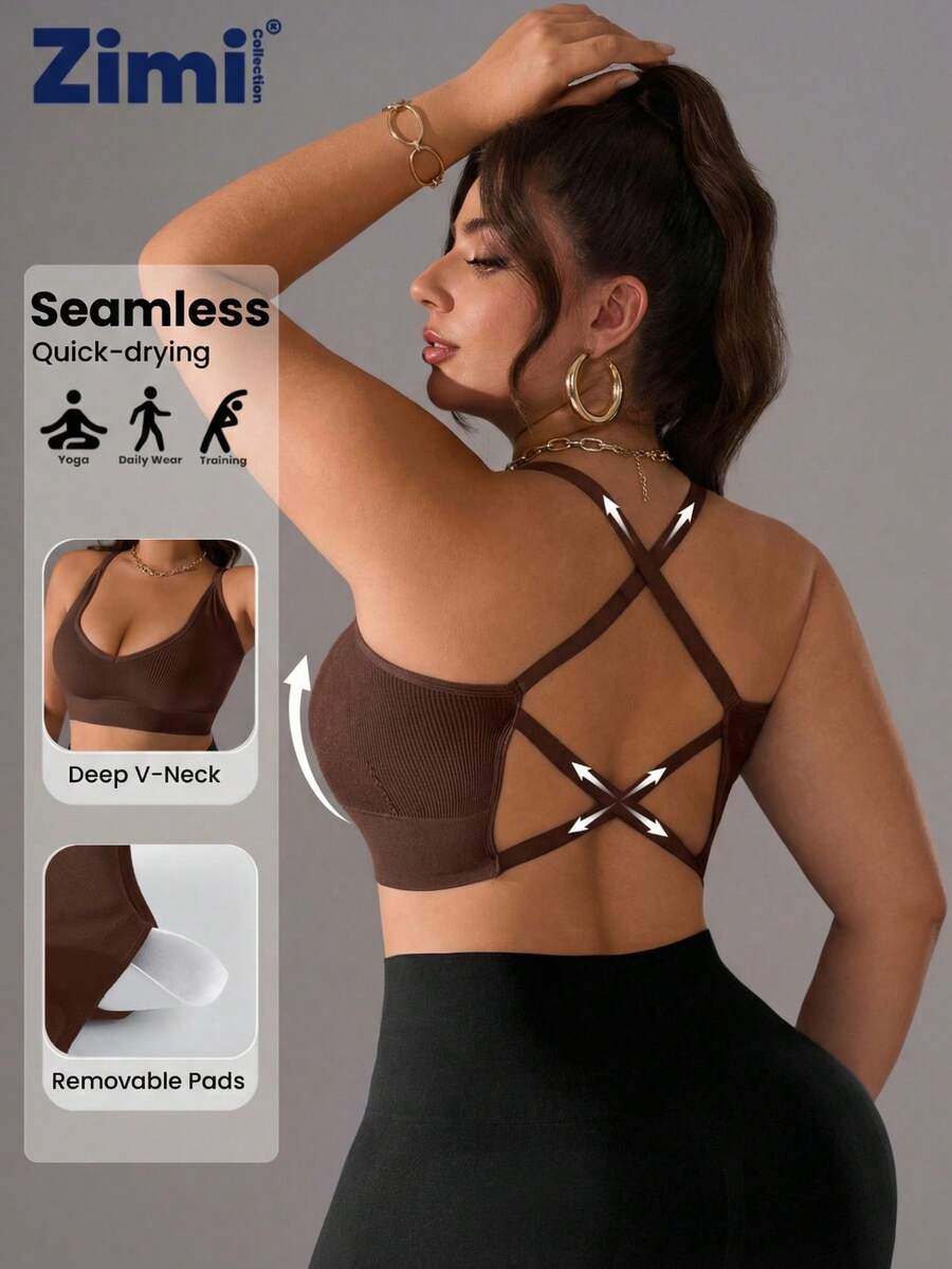 Zimi Collection 1件加大码女士纯棉弹力无缝运动文胸,尺码1XL-5XL,黑色交叉可拆卸衬垫背心,适合健身、瑜伽、跑步。 - 棕色 - 查看 1