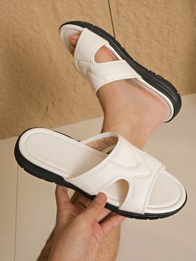 Men's White Leather Sandals With Black Soles - Non-Slip Heavy Tread, Minimalist Design