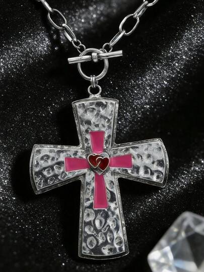 男士朋克风复古心形十字架吊坠项链，情人节礼物