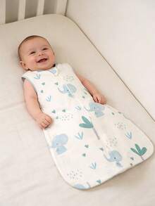 1件装新生儿睡袋棉纱布襁褓包巾，春季新生儿防踢毯卡通大象印花无袖背心婴儿包巾，婴儿用品 - 藍色 - 查看 4