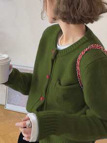 Áo cardigan len nữ kiểu Hàn Quốc tối giản, cổ tròn, thiết kế cúc phối màu tương phản, thích hợp cho mùa Thu/Đông. - Tảo xanh - Xem 5