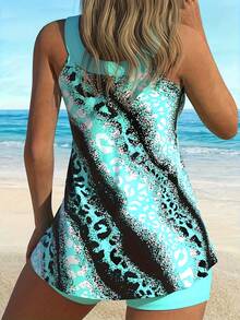 Leopard Print Round Neck Backless Size Women's Tankini Swimsuit - Multicolor - View 2