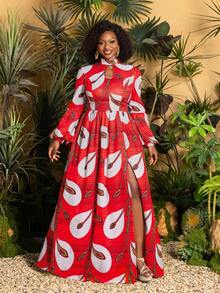 Faeriesty Plus Size Women's Elegant Red Floral Print Dress, With Fashionable Floral Pattern, Lantern Sleeves, Slit Design, Suitable For Elegant Party, Beach Vacation Spring - Red - View 4
